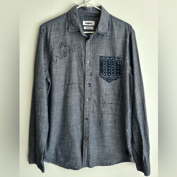 DESIGUAL Stripe Embroidered Shirt with Contrasting Pocket | Small | Unisex | - Picture 4 of 8